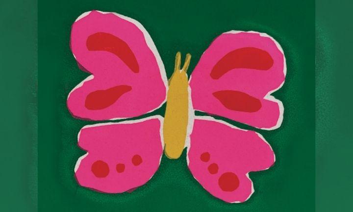 painting of a pink butterfly against a green background