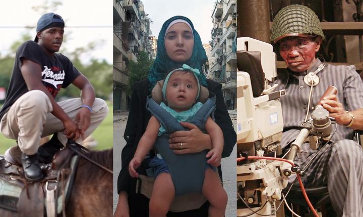 man in horse woman with infant man in uniform 