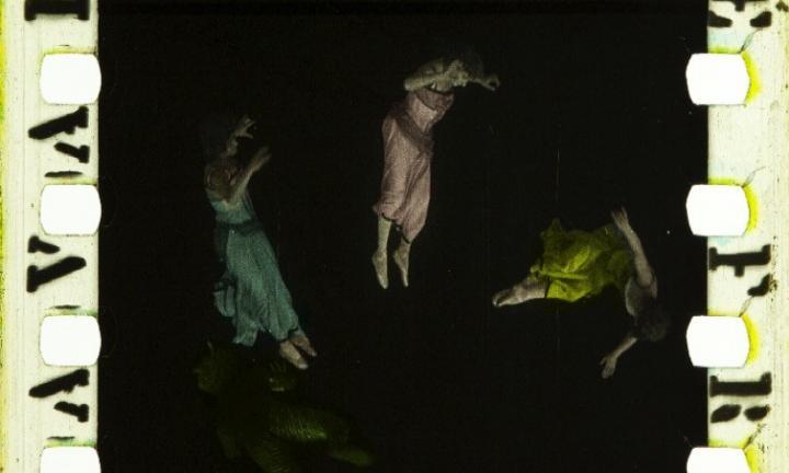 filmstrip of 3 women falling in green, pink, and lime dresses