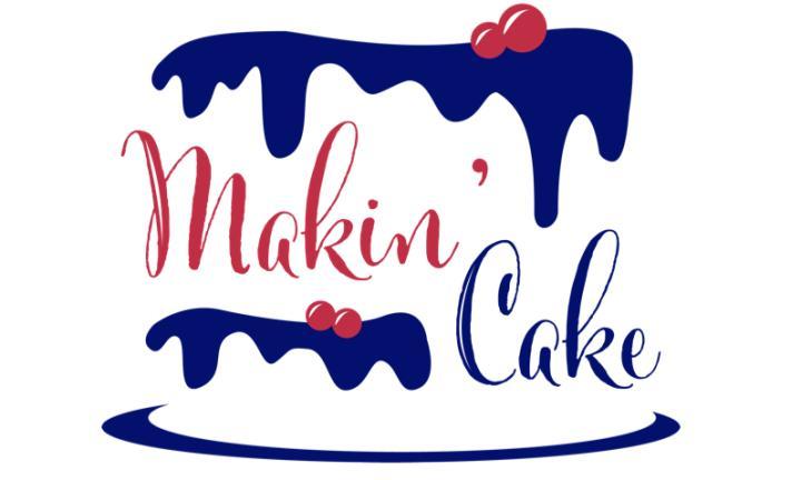 Stylized white cake with blue frosting and red dots that says Makin' Cake