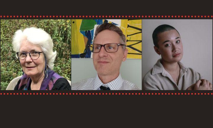 Three photos side-by-side, first with a woman with dark rimmed glasses and grey hair, middle photo of man with dark rimed glasses, last photo of woman with short, dark hair