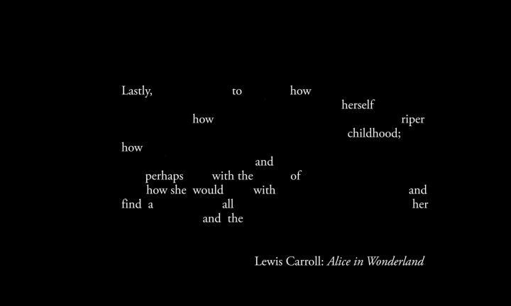white words on black background from Alice in Wonderland