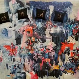 Peter Kursel: "Swag," acrylic and pillows on canvas, 2017